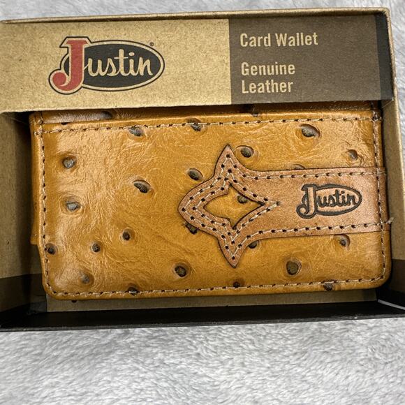 Justin Card Wallet Money Clip Genuine Leather Ostrich Print Brown Front Pocket - Picture 1 of 9